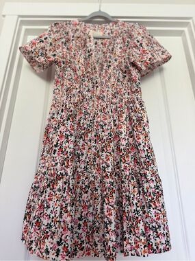 Anthropologie White Floral Smocked Short-Sleeve Tiered Dress